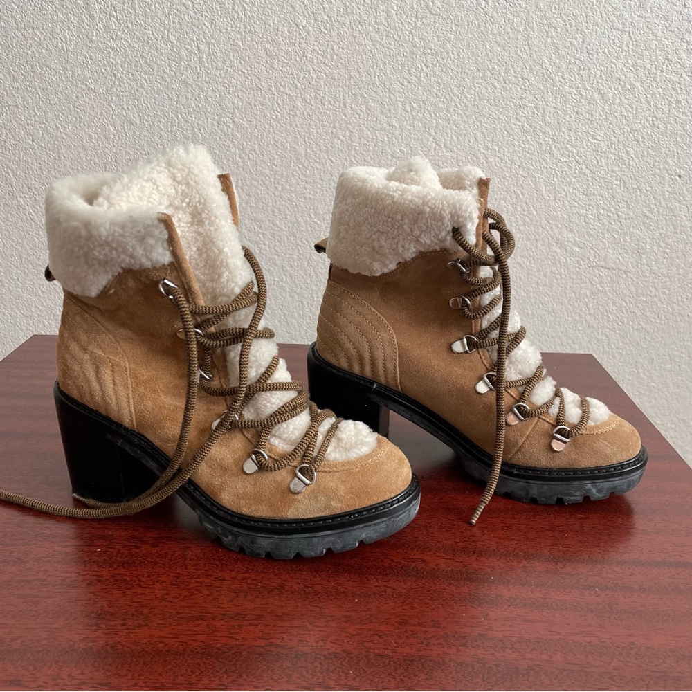 Marc Fisher Daven Hiker Heeled Leather Fur Lace Up Winter Boots